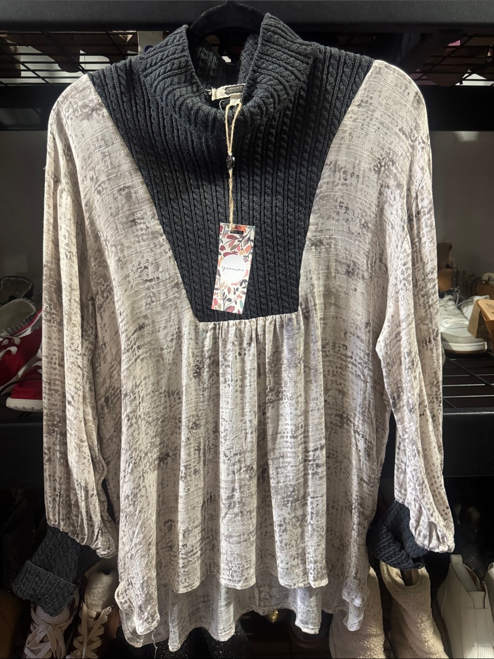 gimmicks by BKE Black and Cream Textured Mixed-Media Peasant Blouse
